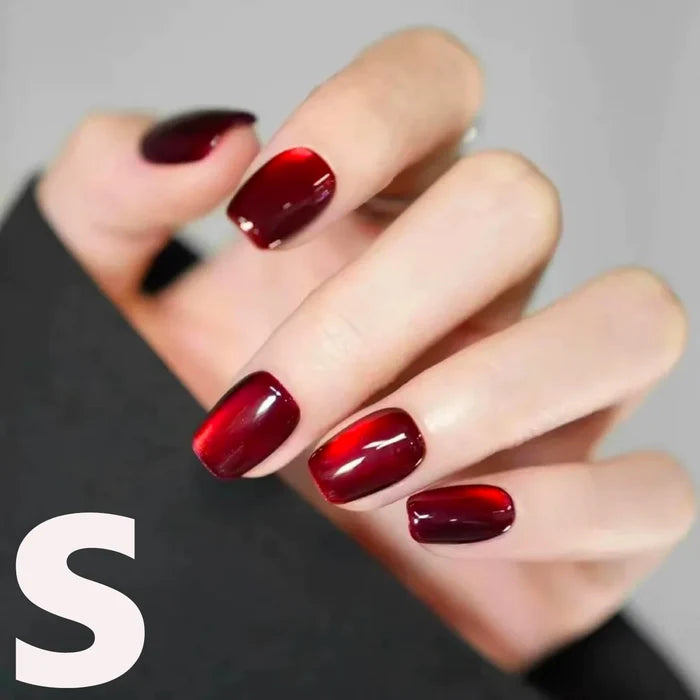 10PCS S/M/L red cat eye short square fake nailsart set with removable fake nails for festivals