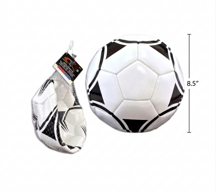 Black and white soccer ball with packaging and dimensions on a white background
