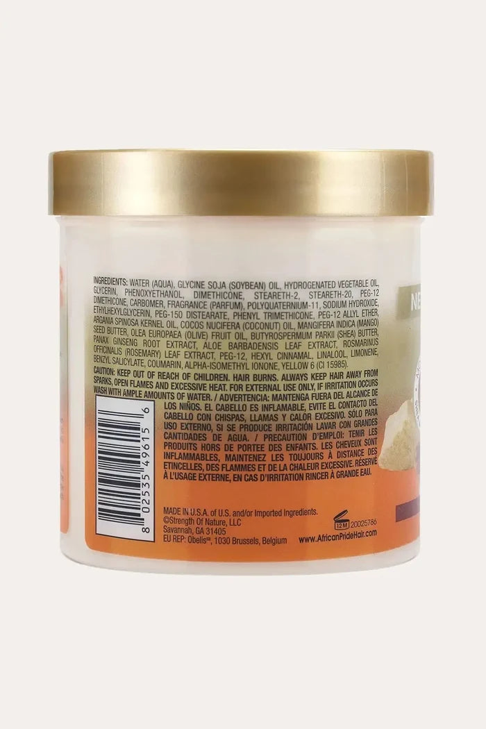 Ingredients and barcode panel on the back of African Pride Shea Miracle Bouncy Curls Pudding jar; Shea Butter and Argan Oil FOR HAIR highlighted within the ingredient list context.