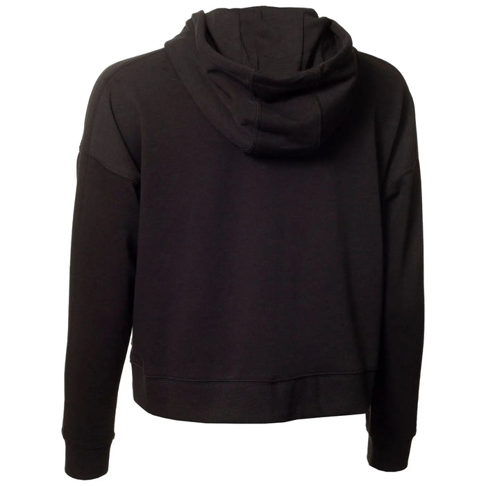 A black hoodie is displayed with a view of its back showing a hood and long sleeves in a neutral setting without any distracting elements or people.