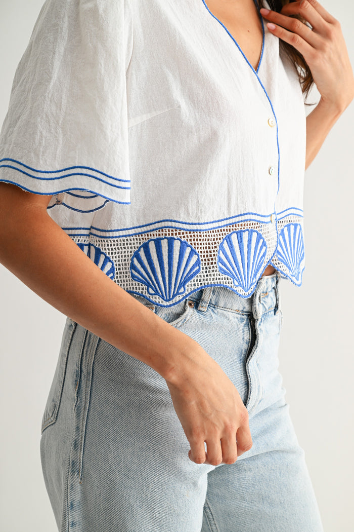 Cotton Crop Top With Shell Embroidered