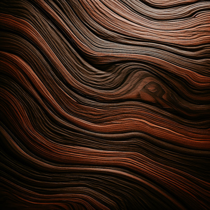 A close-up image of a wooden surface with a wavy pattern, showcasing the natural grain and texture of the wood.
