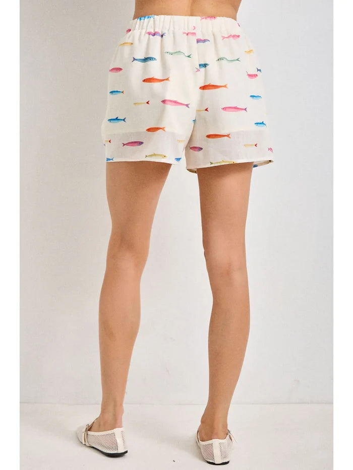 Fish Print Drawstring Shorts