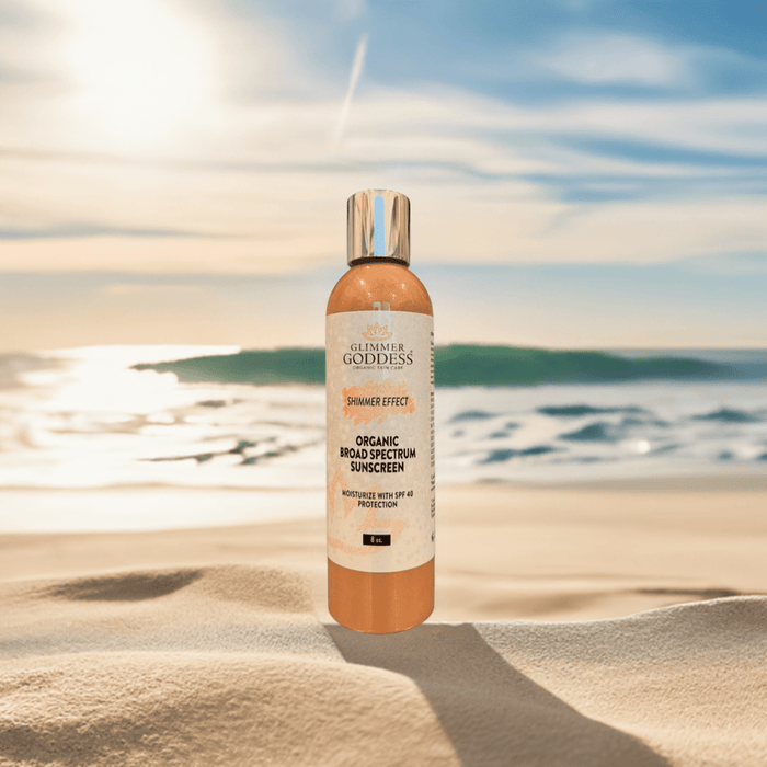 Organic broad spectrum sunscreen with shimmer effect on sandy beach, SPF 40 moisturizer for sun protection