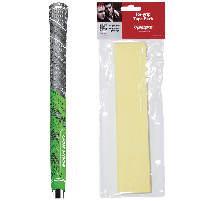 A golf club grip is displayed vertically on the left showing textured green rubber while a yellow re-grip tape pack is packaged on the right indicating it contains fifteen tape strips.