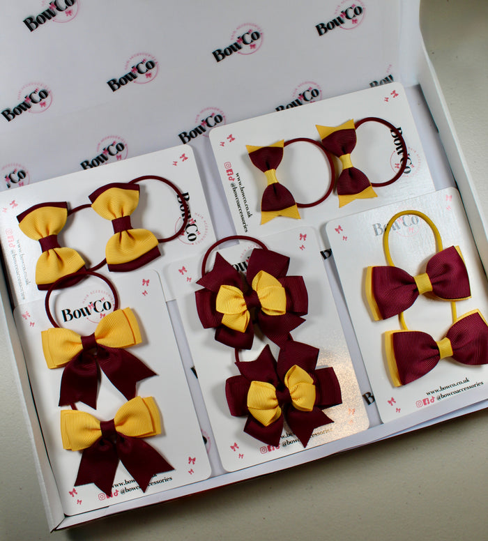 School Bow Bundle Saver - 10 Pack - Burgundy and Yellow Gold - Elastic