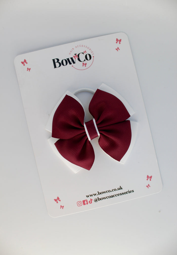 School Bow Burgundy and White - Layer Edge Bow - Elastic