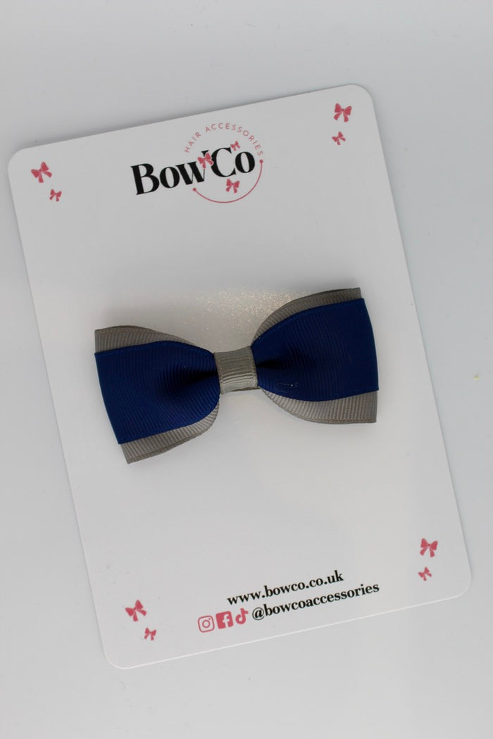 School Bow Navy Blue and Metal Grey - Tuxedo Bow - Clip