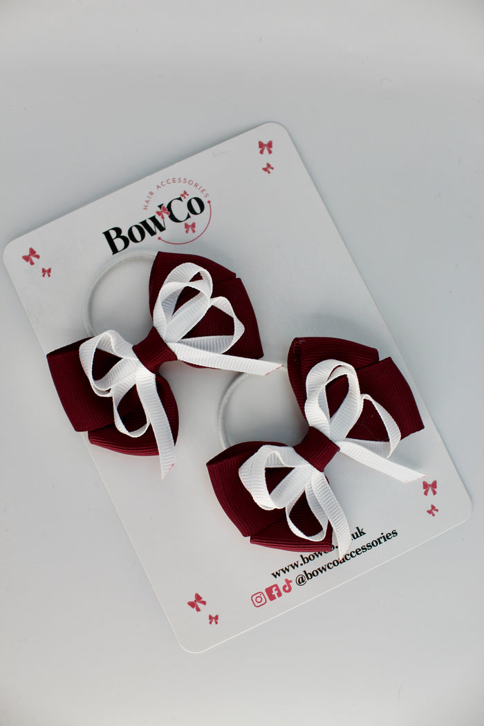 School Bows Burgundy and White - Double Bow Set - Elastic