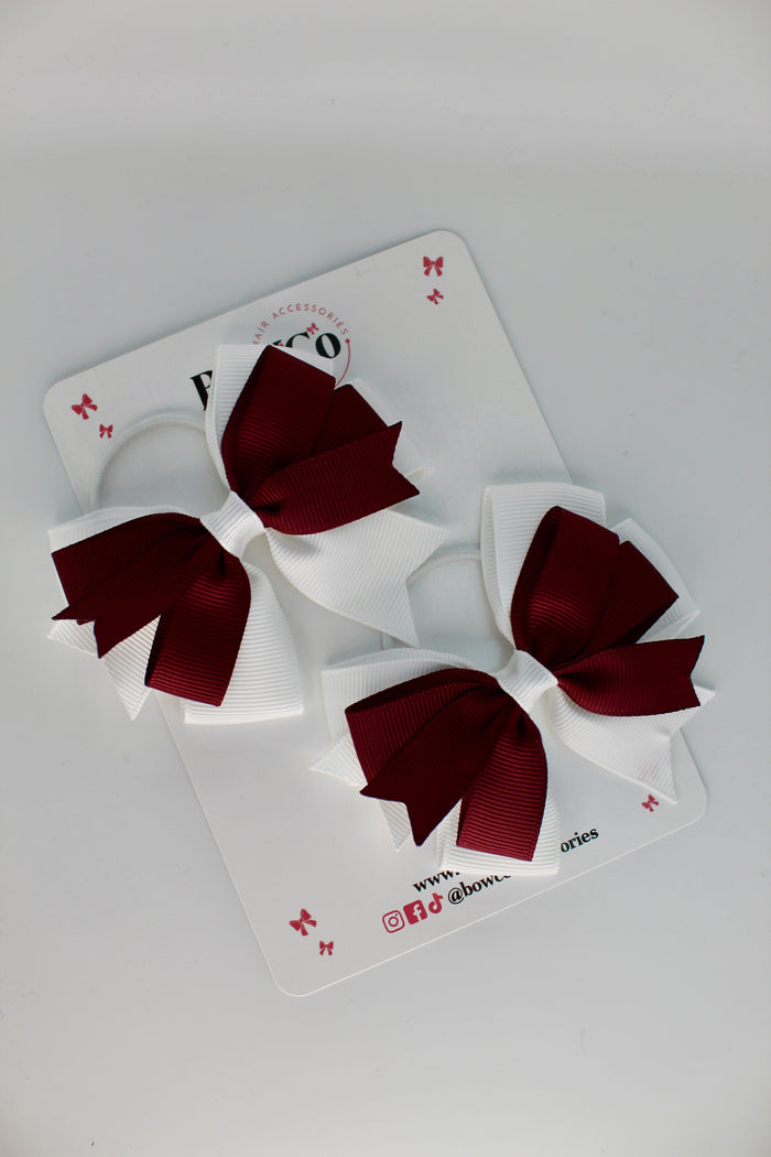 School Bows Burgundy and White - Double Tail Bow Set - Elastic
