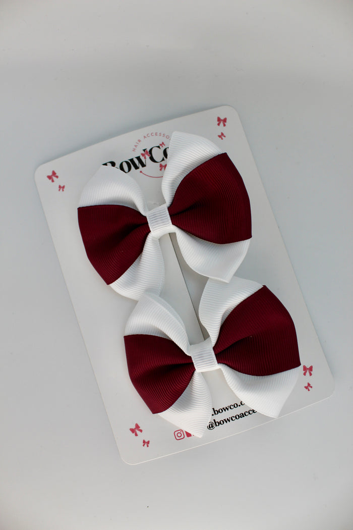 School Bows Burgundy and White - Round Tuxedo Bow Set - Clip