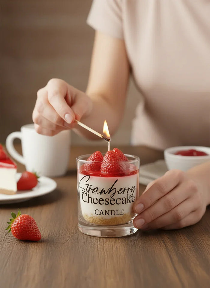 Woman lighting a strawberry cheesecake dessert candle in a kitchen setting