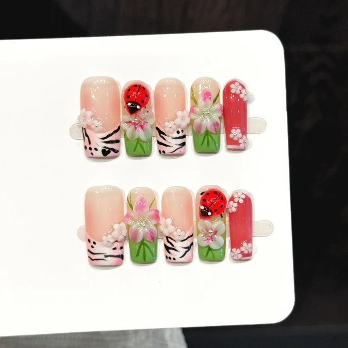 10PCS Long Square Handmade Press On Nails,Glamorous Ladybug,Suitable For Festivals Parties And Daily Wear.