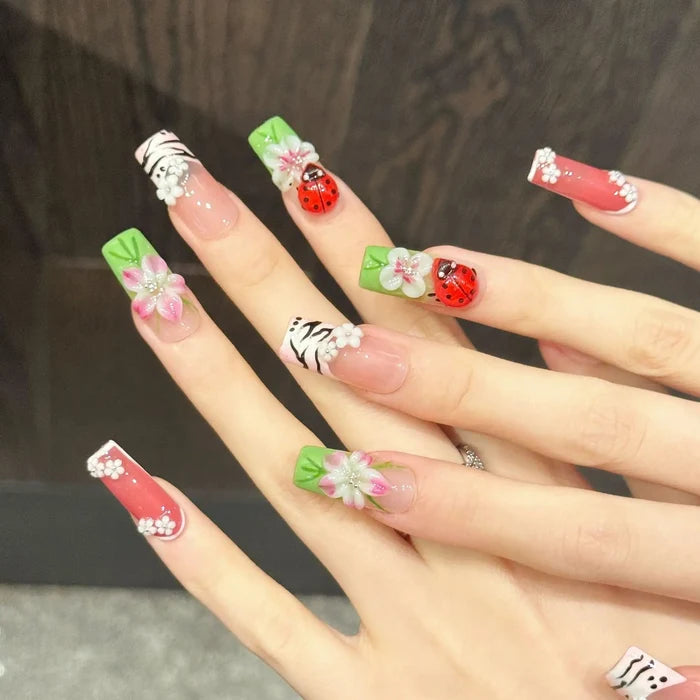 10PCS Long Square Handmade Press On Nails,Glamorous Ladybug,Suitable For Festivals Parties And Daily Wear.