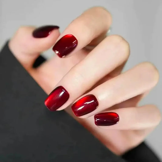 10PCS S/M/L red cat eye short square fake nailsart set with removable fake nails for festivals