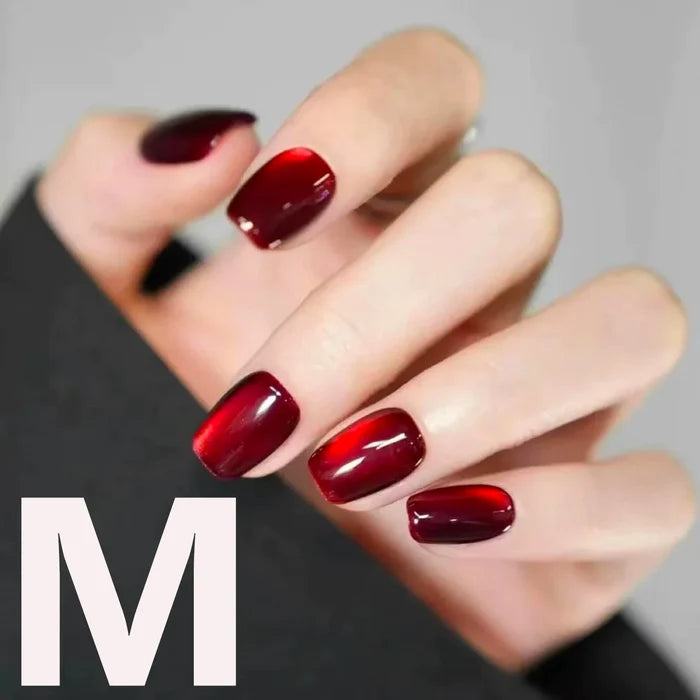 10PCS S/M/L red cat eye short square fake nailsart set with removable fake nails for festivals