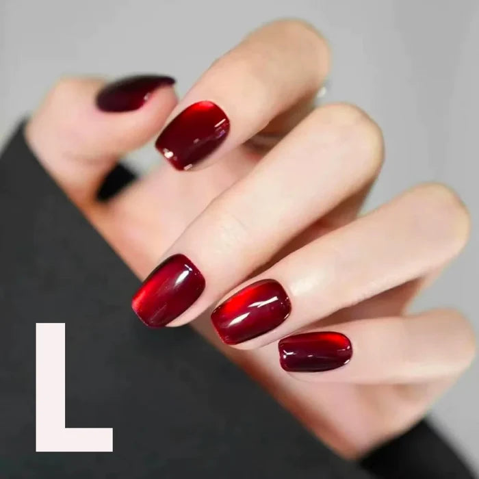 10PCS S/M/L red cat eye short square fake nailsart set with removable fake nails for festivals