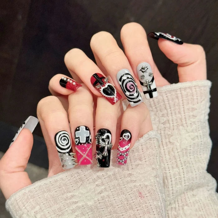 10PCS Square Handmade Press On Nails,Punk-style Tough Girl,Suitable For Festivals Parties And Daily Wear.