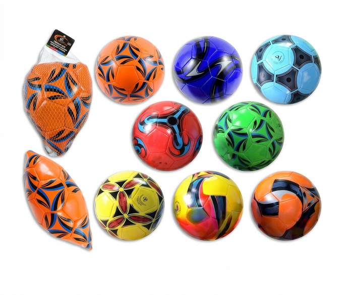 Colorful soccer balls with a variety of patterns on a white background