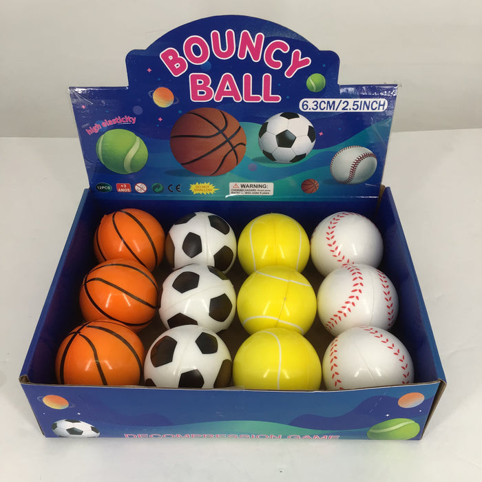Box of bouncy balls including basketballs, soccer balls, tennis balls, and baseballs with a 'Bouncy Ball' packaging.