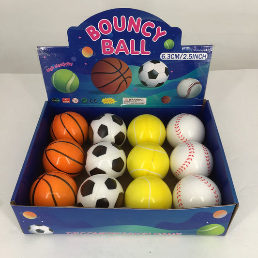 Box of bouncy balls including basketballs, soccer balls, tennis balls, and baseballs with a 'Bouncy Ball' packaging.
