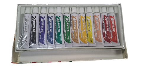 A set of 12 tubes of artist acrylic paint in various colors, including white, black, blue, green, yellow, and red, displayed in a box.