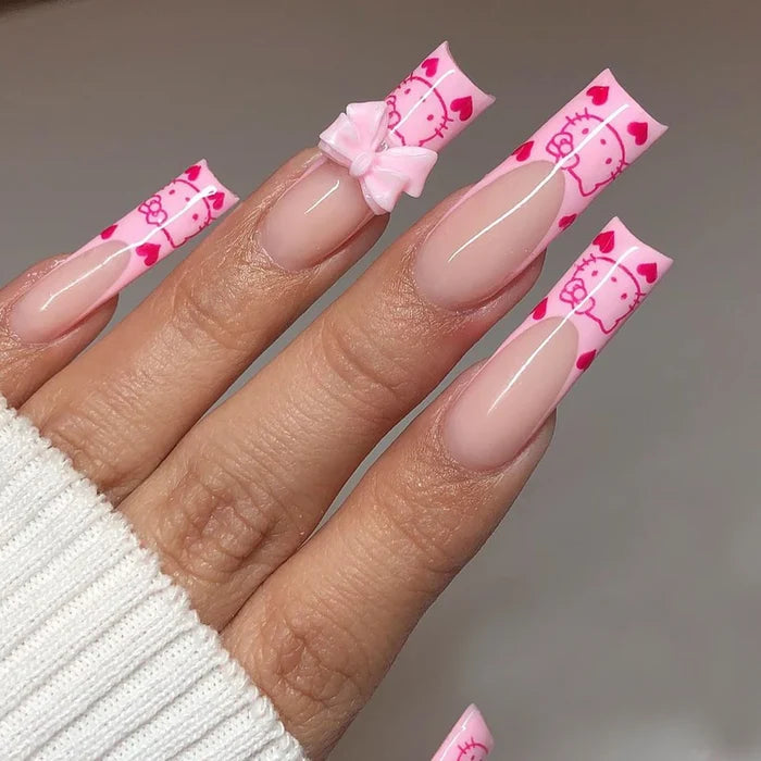 24 Long Square Sanrio Hello Kitty Pattern Pink Butterfly Drill Nail suit