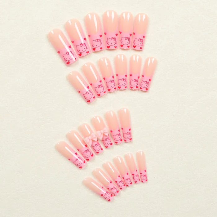 24 Long Square Sanrio Hello Kitty Pattern Pink Butterfly Drill Nail suit