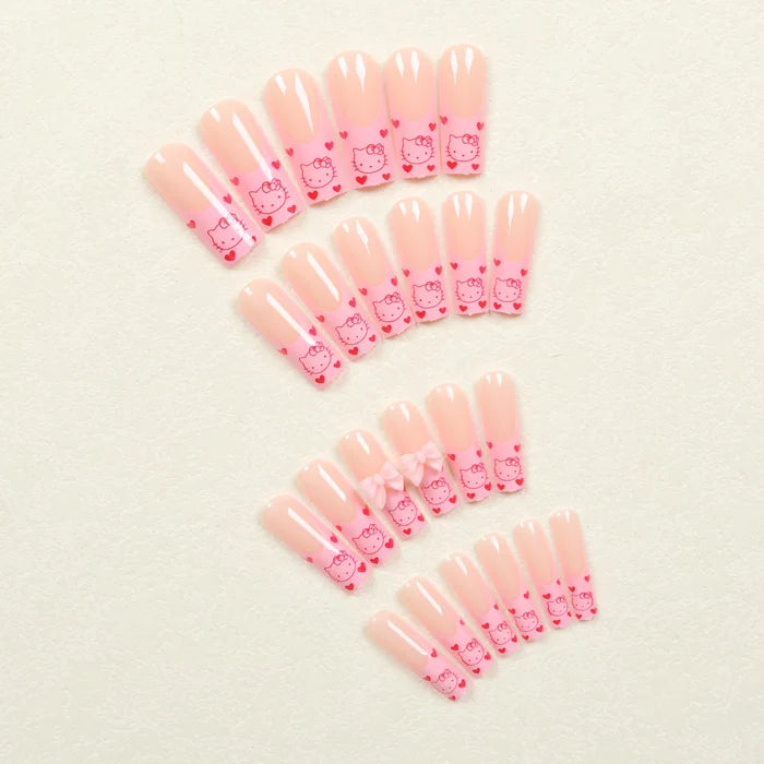 24 Long Square Sanrio Hello Kitty Pattern Pink Butterfly Drill Nail suit
