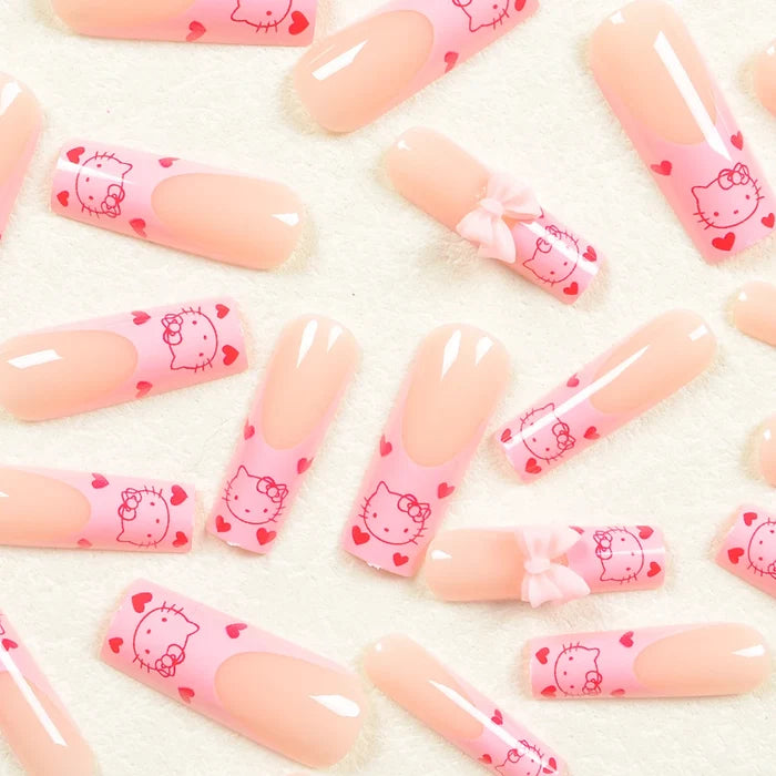 24 Long Square Sanrio Hello Kitty Pattern Pink Butterfly Drill Nail suit