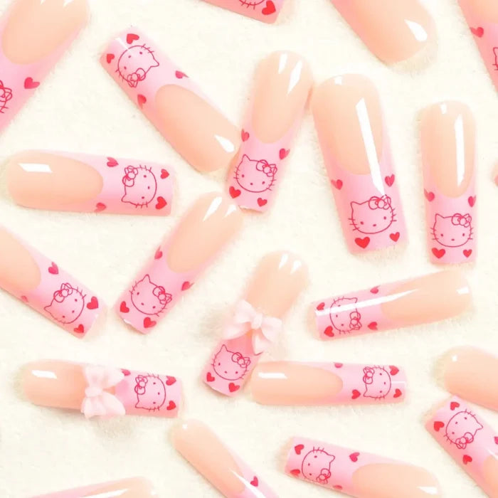 24 Long Square Sanrio Hello Kitty Pattern Pink Butterfly Drill Nail suit