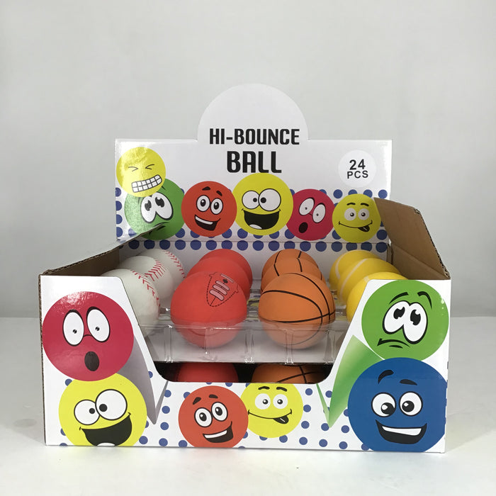Box of colorful 'Hi-Bounce Ball' toys with cartoon face designs on a white background.