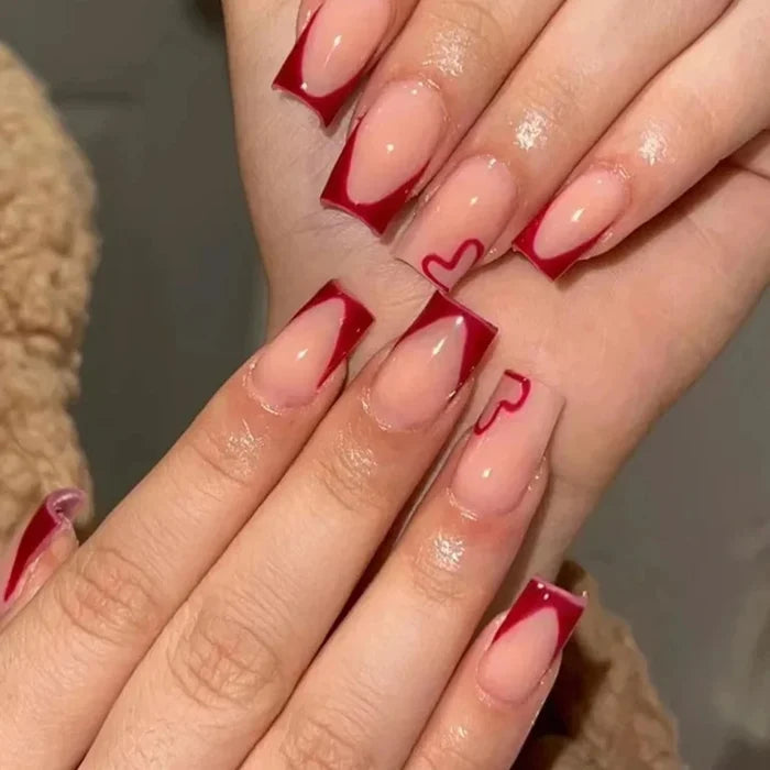 24 PCs Short Square French Heart Simple Nails with 1 Jelly Glue and 1 Nail File