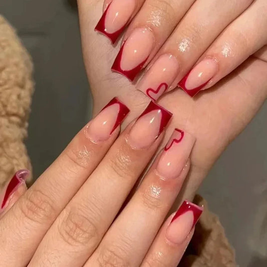 24 PCs Short Square French Heart Simple Nails with 1 Jelly Glue and 1 Nail File
