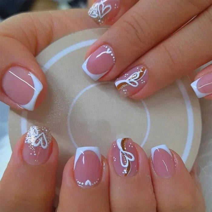 24 PCs Short Square French Heart Simple Nails with 1 Jelly Glue and 1 Nail File