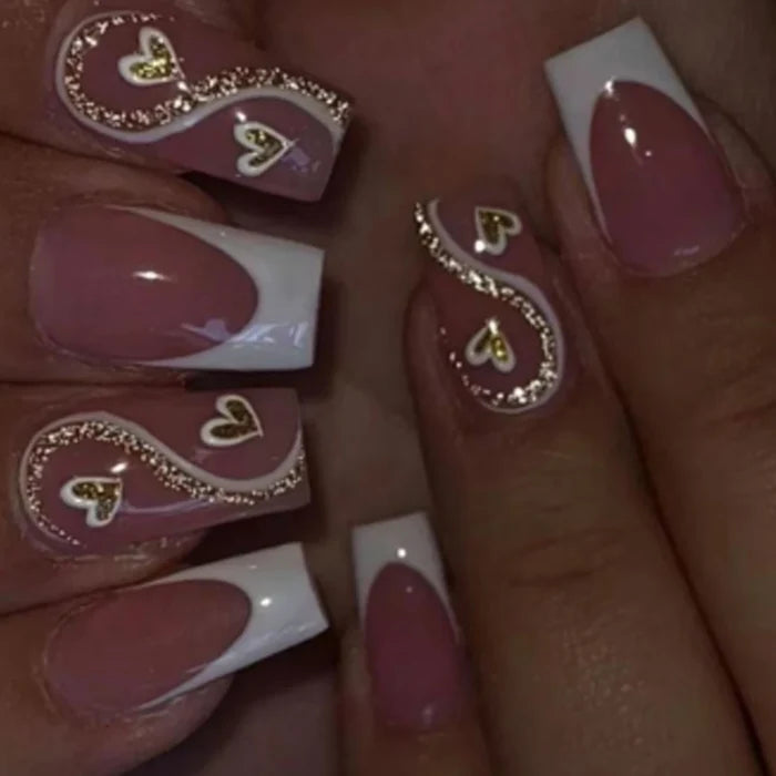 24 PCs Short Square French Heart Simple Nails with 1 Jelly Glue and 1 Nail File