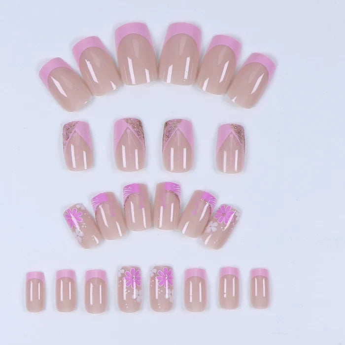 24 pcs short square French simple flower nails +1 nail glue +1 nail file