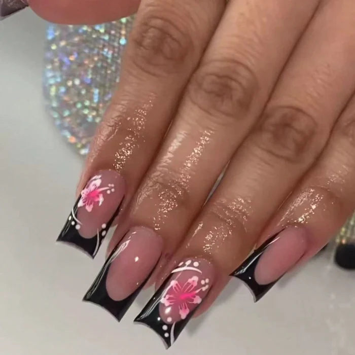 24 pcs short square French simple flower nails +1 nail glue +1 nail file