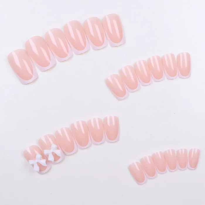 24PCS White French Pointed Short Square Pink Fake Nail Strap Design, Charming Pink Bow, Reusable Fake Nail