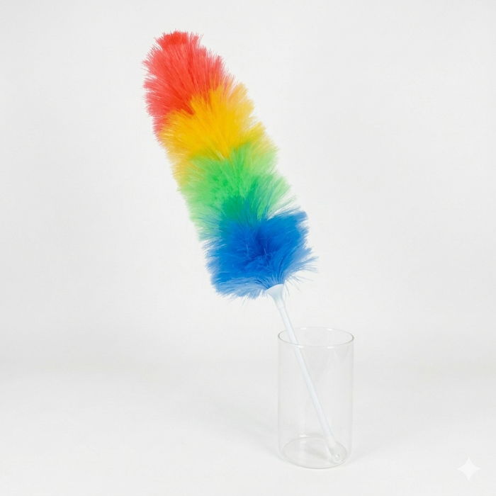Colorful feather duster with red, orange, yellow, green, blue, and purple feathers on a white background.