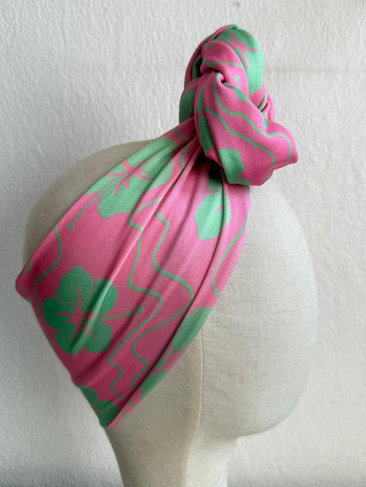 50% OFF SALE ITEM: Vintage Style Pre-tied Headband in Pink & Green Hibiscus Print