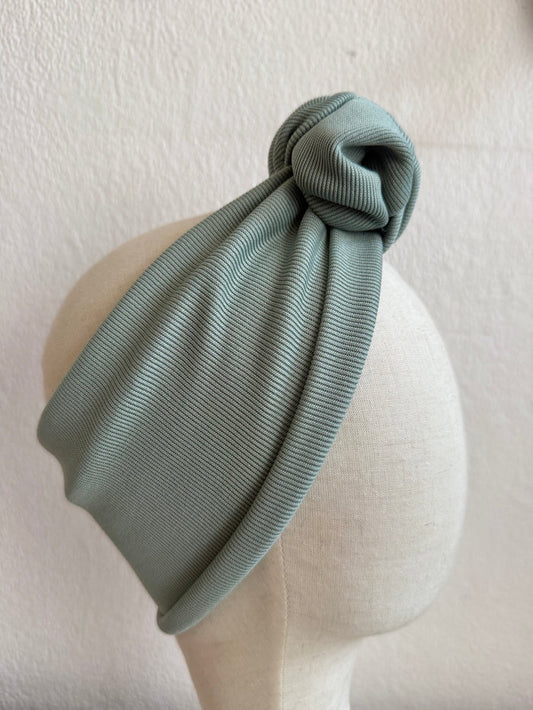 50% OFF SALE ITEM: Vintage Style Pre-tied Headband in Ribbed Pale Aqua with Small Knot