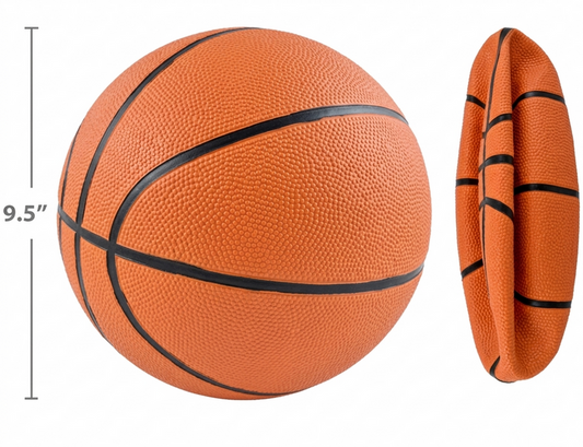 Basketball with black seams and dimensions indicated on a white background
