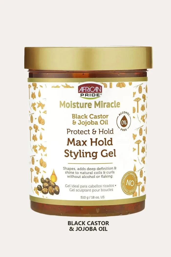 African Pride Moisture Miracle Black Castor & Jojoba Oil Max Hold Styling Gel, Frizz Control Gel, front label.