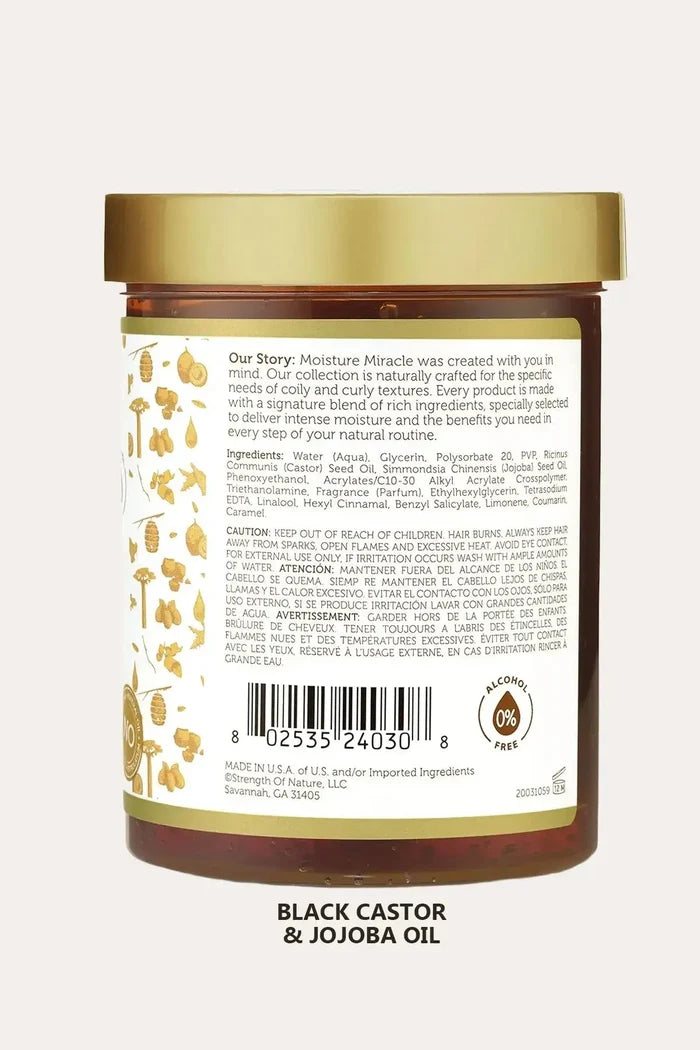 Back label of African Pride Moisture Miracle Black Castor & Jojoba Oil Max Hold Styling Gel, Non Flaking Styling Gel, ingredients and barcode shown.