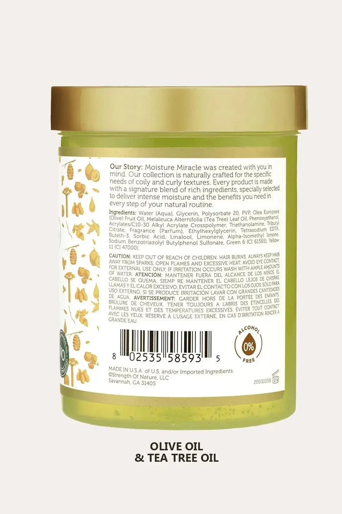 Back label of African Pride Moisture Miracle Olive Oil & Tea Tree Oil Max Hold Styling Gel, Non Flaking Styling Gel, ingredients and barcode shown.
