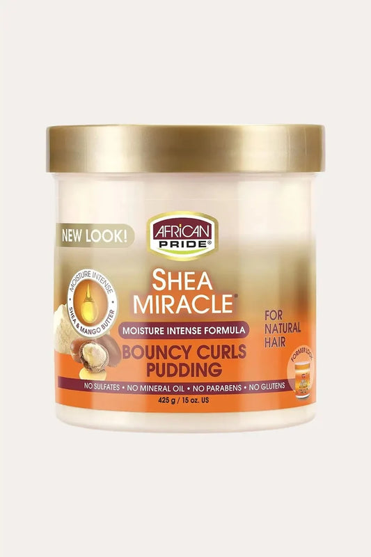 Front view of African Pride Shea Miracle “Bouncy Curls Pudding” jar (15 oz), moisture intense formula for natural hair; Shea Butter Hair Pudding in a clear tub with gold lid.