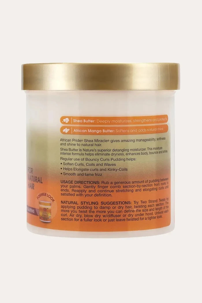 Back label of African Pride Shea Miracle Bouncy Curls Pudding showing usage directions and product benefits text on an orange label with gold lid.