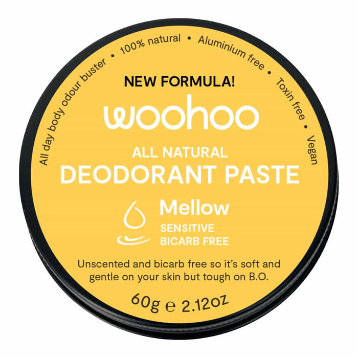 Front of Woohoo Deodorant Paste Tin - Mellow. Unscented and bicarb free. Black aluminium tin with yellow label.