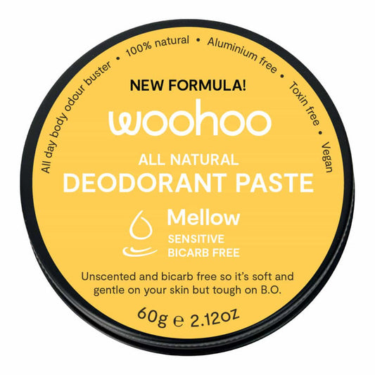 Front of Woohoo Deodorant Paste Tin - Mellow. Unscented and bicarb free. Black aluminium tin with yellow label.